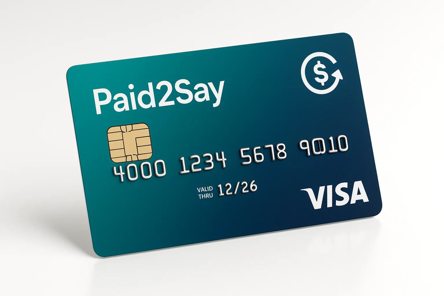 Paid2Say branded prepaid Visa debit card with teal gradient design