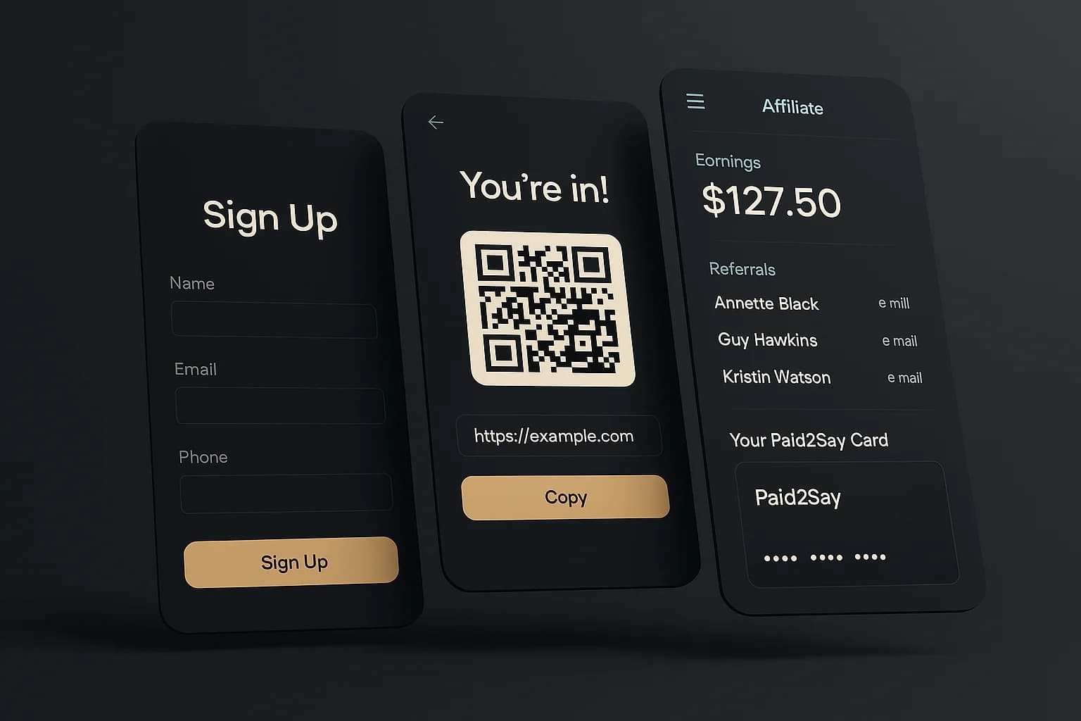 Paid2Say affiliate signup flow showing enrollment form, QR code generation, and earnings dashboard